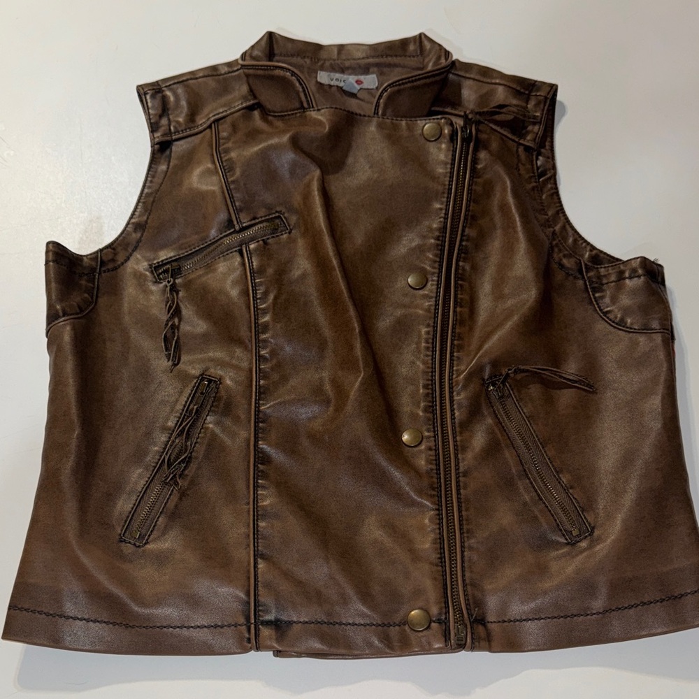 Vintage Voice Moto Faux Leather Brown Distressed‎ Vest
